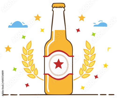 Golden beer bottle with wheat ears, label and star symbol, surrounded by shapes and a dashed line