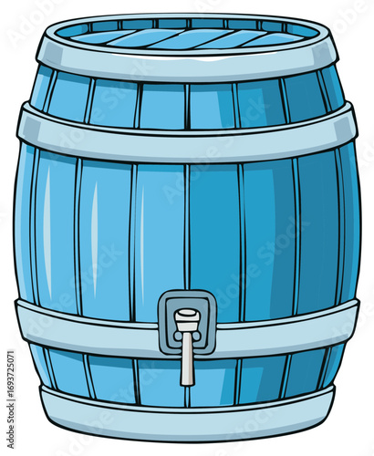 Illustrative blue wooden barrel with tap for liquid dispensing on a plain background