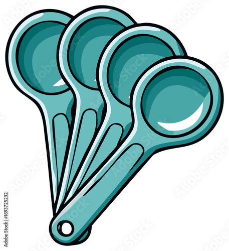 Arrangement of four cyan-colored cartoon ladles in a simple illustration.