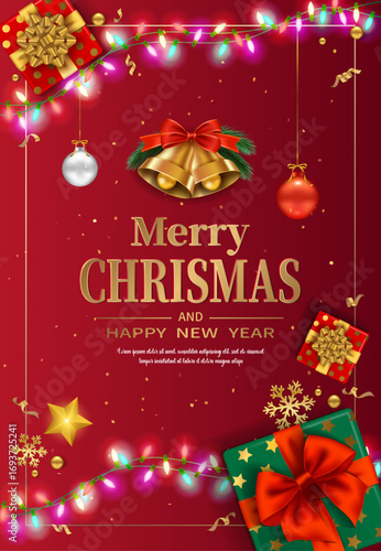 Christmas vertical greeting card, red background with colorful lights and decorations, gifts