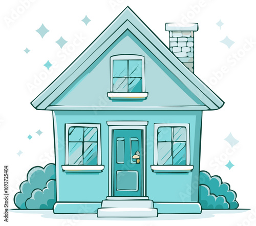Cartoon illustration of a cheerful teal house with a chimney and bushes, isolated.