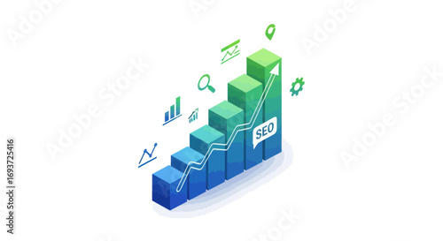 Isometric bar chart illustrating business growth with SEO and data analysis icons.