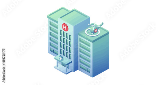 Isometric Illustration of Modern Hospital Building with Helipad.