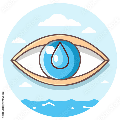 Cartoon eye with water drop in the iris. Healthcare and medicine concepts.