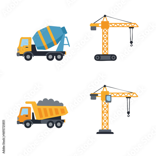 A collection of essential construction site machinery including a concrete mixer truck, a dump truck, and two large tower cranes, ready for building projects.