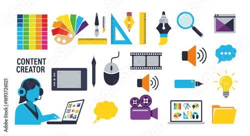 Diverse Digital Content Creation Tools and Icons for Creators.