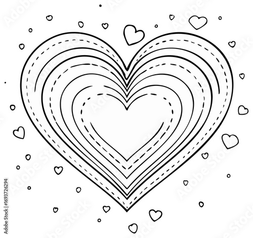 Concentric Heart Outline Drawing with Small Floating Hearts and Dots Pattern
