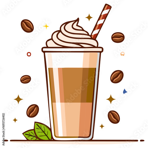 Illustrated iced coffee drink with whipped cream, striped straw, coffee beans, and green leaves, perfect for refreshment.