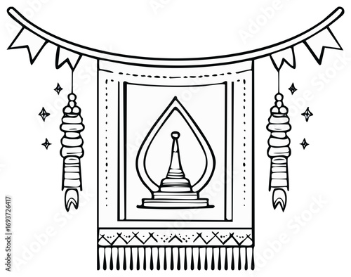 Line art of traditional Southeast Asian celebratory banner with stupa and decorative elements