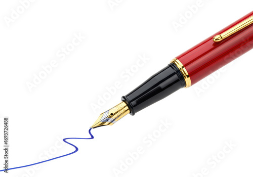 Papier peint Isolated red fountain pen with a gold nib and blue ink, close-up office tool for