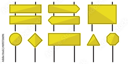 Set of yellow road signs on transparent background. Blank traffic road empty sign. Mock up template for your design. Vector illustration