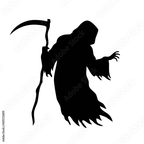 Vector silhouette of a hooded figure with a scythe, flying. A spooky Halloween character  the Grim Reaper. For horror, seasonal, and dark fantasy designs.