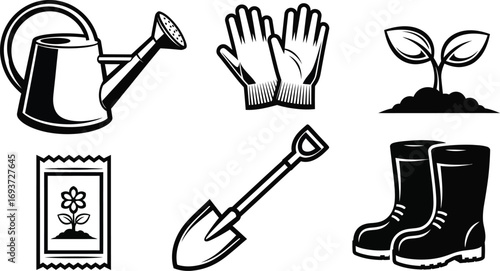 A set of six black and white icons representing various gardening tools and elements, including a watering can, gloves, a seedling, seeds, a shovel, and boots.
