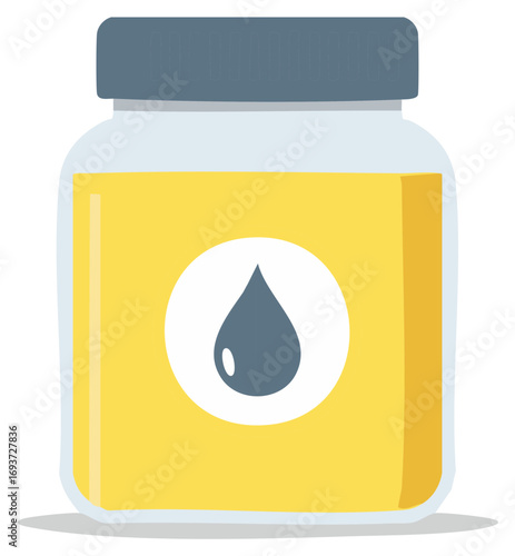 Jar of yellow liquid with grey lid and a single drop icon, illustration