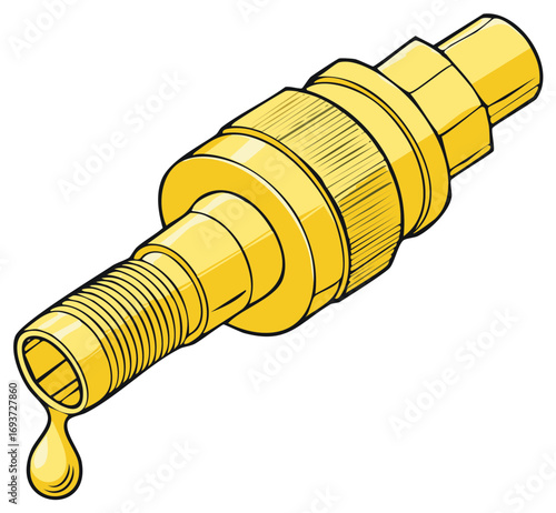 Industrial golden threaded pipe fitting dripping viscous yellow liquid