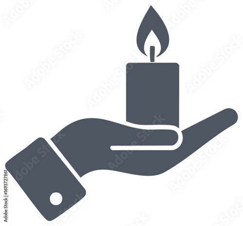 Hand holding lit candle, representing hope, peace, and remembrance, simple silhouette graphic.