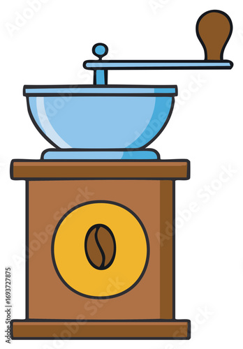 Cartoon illustration of a retro hand crank coffee mill for grinding beans