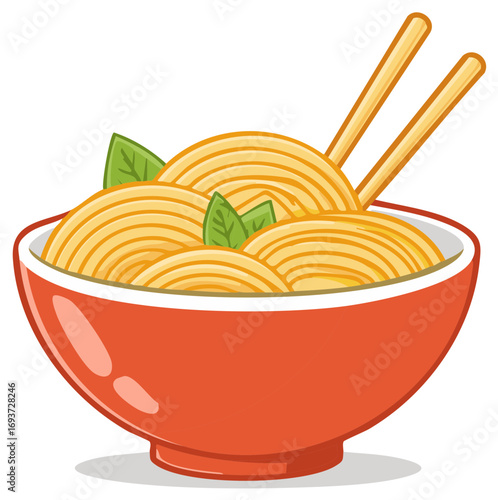 Vibrant bowl of delicious Asian noodles with chopsticks and fresh herbs vector illustration.
