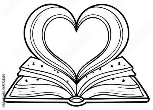 Open book with pages forming a romantic heart shape outline vector illustration
