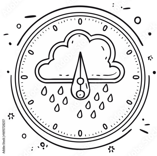 Doodle style drawing of a clock face with a raining cloud and droplets symbolizing time and weather