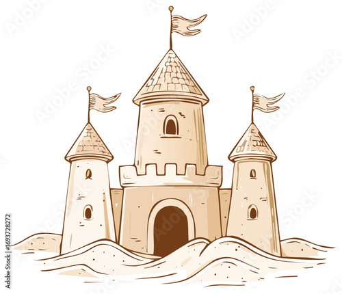 Sandcastle cartoon on sand with flags, beach scene drawing, summer vacation
