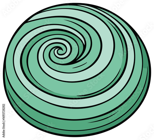 Green Spiral Swirl Design Abstract Circle Shape with Gradient Tones and Black Outline