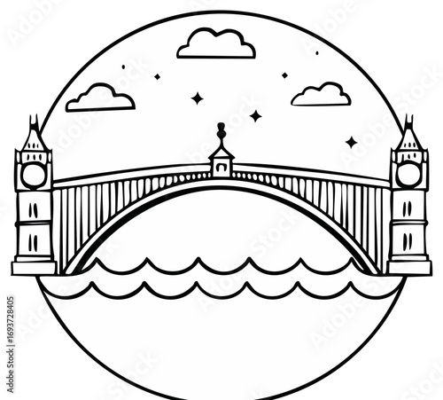 Line Art Illustration of Bridge above Water inside Circle with Clouds and Stars