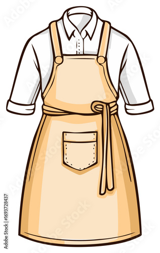 Illustrated work uniform with a classic beige apron and a white collared shirt for a chef or barista