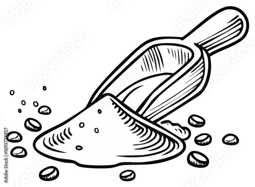 Black and White Hand Drawn Illustration of Coffee Beans and Scoop