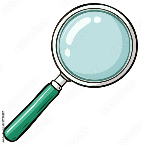 Illustration of a magnifying glass with a green handle, cartoon style