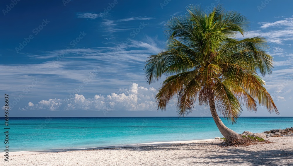 Fototapeta premium Tropical beach scene with a lone palm tree (1)
