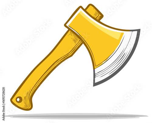 Strong golden woodcutting axe tool illustration with sharp blade and sturdy handle isolated design