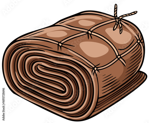 Rolled brown fabric tied with a rope against a white background illustration