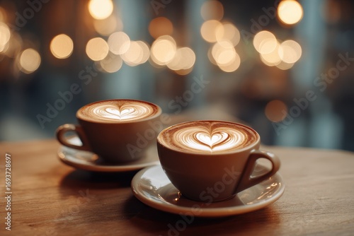 Two Cups of Latte Art with Heart Designs on a Wooden Table
