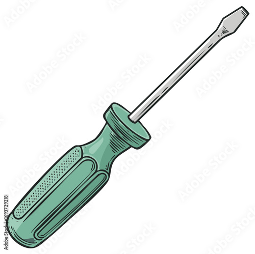 Classic flathead screwdriver with green handle hand drawn illustration for DIY repair and construction work