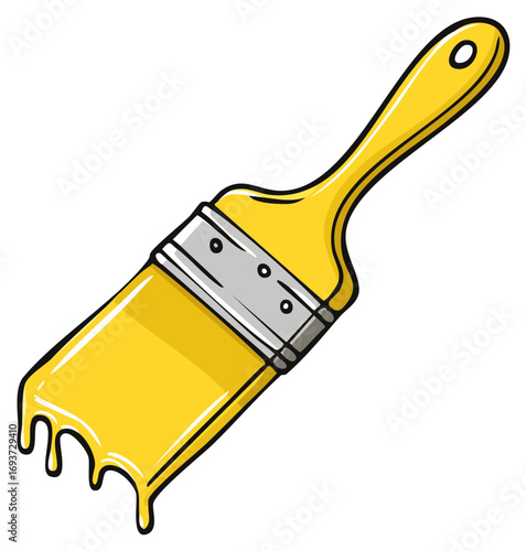 Cartoon paint brush drips with bright yellow color, DIY art and craft tool
