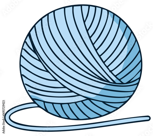 Illustration of a light blue ball of yarn with a loose end on white background