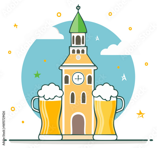 Celebration illustration with clock tower and beer mugs, offering a festive, celebratory atmosphere for gatherings and beer-related events.