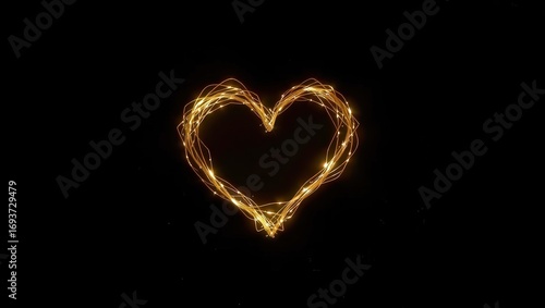 A golden heart shape formed by glowing string lights against a dark black background in a studio shot