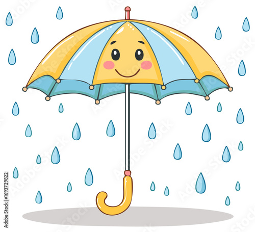Smiling umbrella with raining drops in yellow and light blue cartoon design