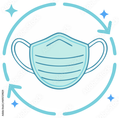 Stylized face mask with circular arrows for hygiene protection in blue tones
