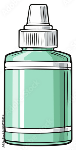 Illustration of a light green medication bottle, medical eye drops or nasal spray container.