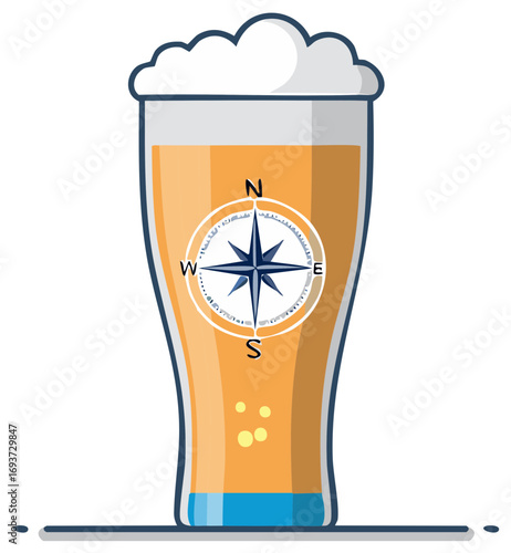 Beer glass with compass logo, navigating brewery concept