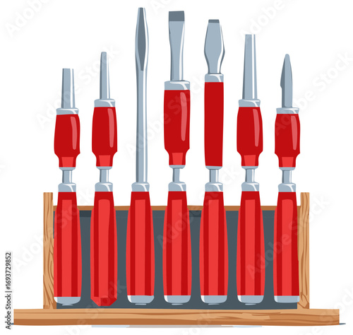 Vector Illustration of Hand Tools Collection Screwdrivers Set with Wooden Holder