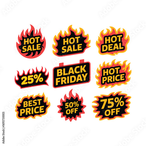 Flaming hot sale discount labels, Black Friday shopping offers, fiery price tags, promotional discount stickers for retail marketing and advertising.