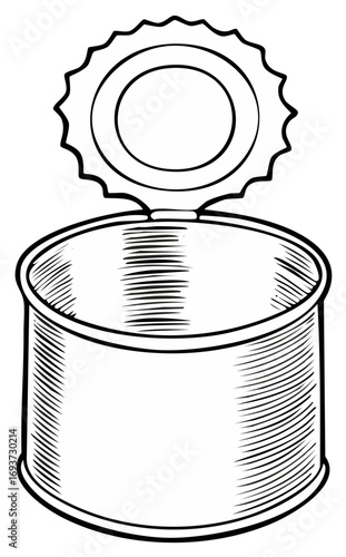 Line drawing of a food tin with an open lid, illustrating preparation, food supply and culinary arts.