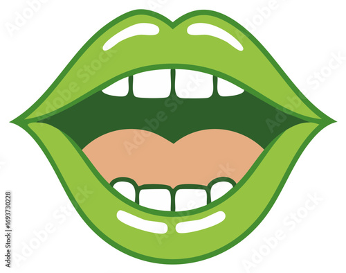 Illustration of Open Green Lips with Teeth and Tongue, representing a mouth wide open as if singing, shouting, or speaking loudly
