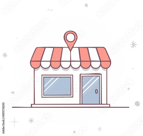 Illustrated small business shop with a charming striped awning and location marker
