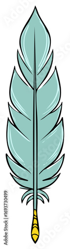 Simple stylized blue green feather illustration with vibrant yellow quill tip design