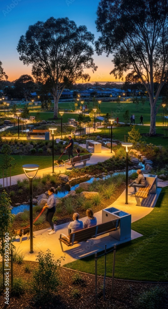 Obraz premium Evening glow in a modern park with illuminated pathways and people relaxing on benches.